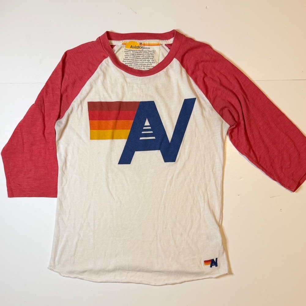 Aviator Nation Raglan Tee Medium White Red 3/4 Sleeve Baseball Shirt